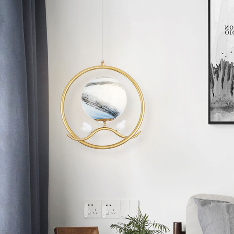 Post Modern Ring Pendant Metallic 1 Light Living Room Hanging Lamp in Gold with Planet Glass Shade and Bird Deco
