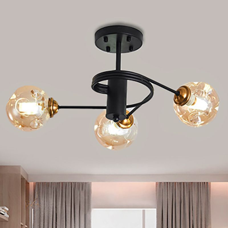 3/5 Lights Living Room Semi Flush with Ball Amber/Smoke Dimpled Blown Glass Shade Modernist Black Semi Flush Ceiling Light