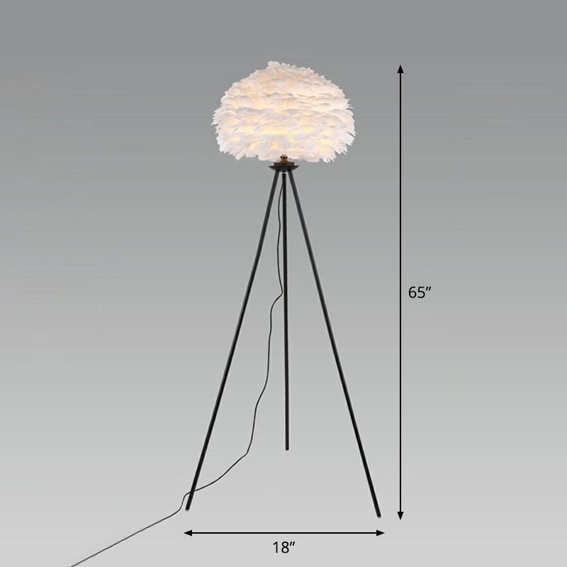 1-Light Living Room Floor Light Minimalist Black-White Stand Up Lamp with Dome Feather Shade