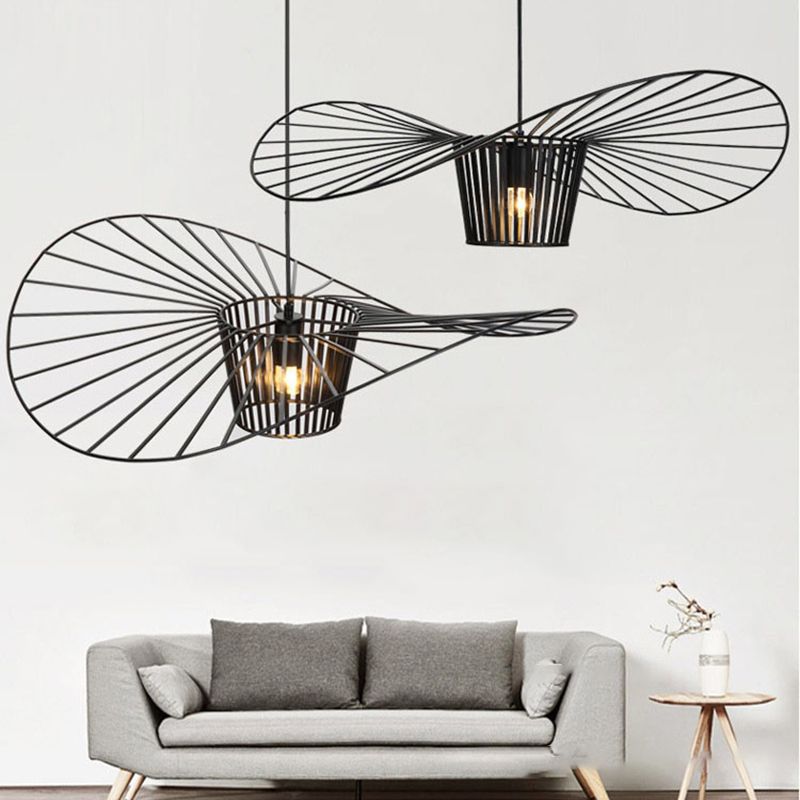 Contemporary Pendant Lights with Cage Shade, Industrail Metal 1-Light Straw Hat Pendant Light