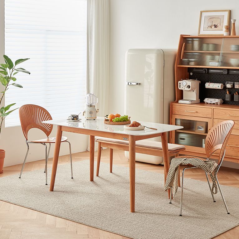 Modern Rectangle Dining Table Sintered Stone Top Table with 4 Wood Legs