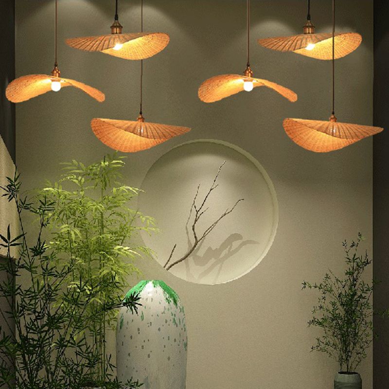 Japanese Style 1-Light Bamboo Hanging Light Fisherman's Hat Shaped Hand Weaving Pendant Lamp