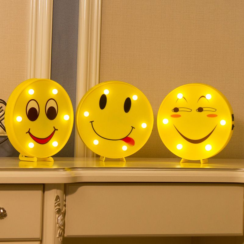 Funny Emoji Expression Wall Light Modernist Plastic Battery LED Yellow Nightstand Lamp