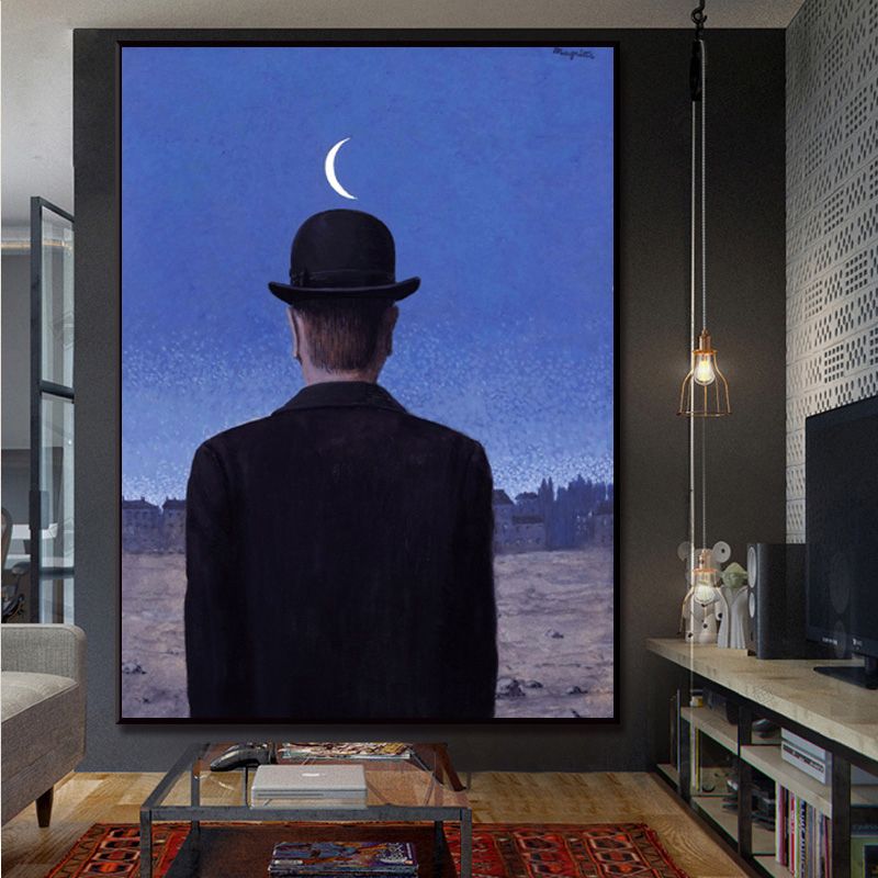 Surrealismus-Leinwandkunst, dunkle Farbe, Magritte-Figur auf der Rückseite, Gemälde, Wanddekoration für Schlafzimmer