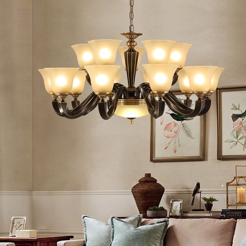 Vintage Bell Shade Pendant Chandelier White Glass Hanging Lamp Kit for Living Room