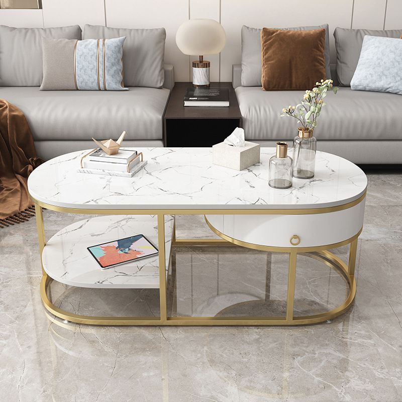 Glam Style Cocktail Table with Shelf and Drawer Stone Ova Top Coffee Table