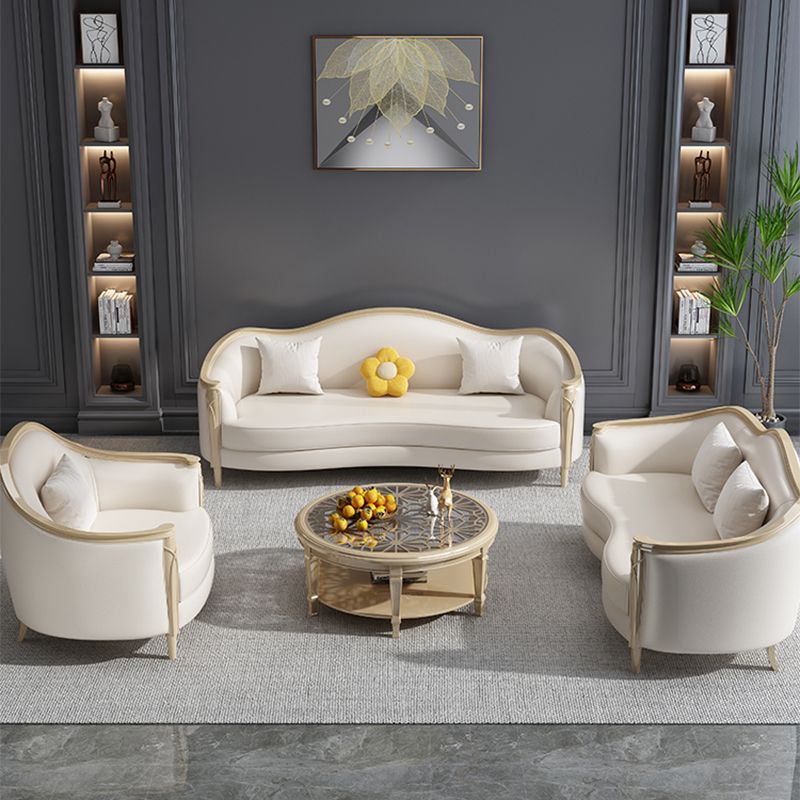 Glam Solid Wood White Genuine Leather Sofa with Pillows for Living Room