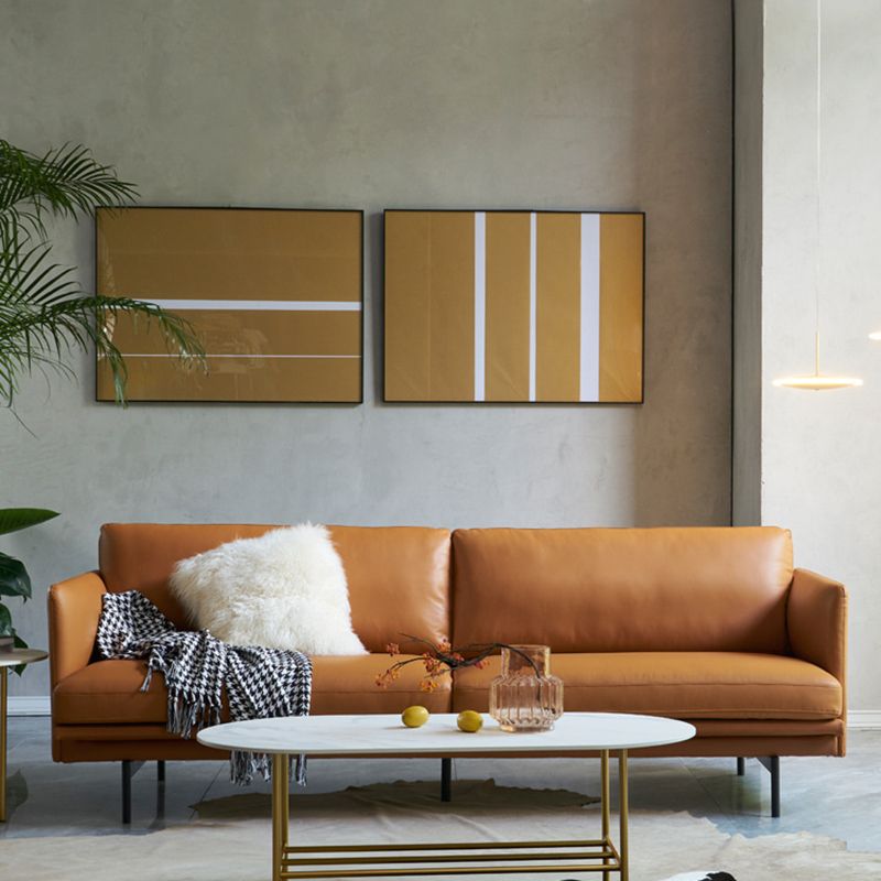 Modern Style Square Armrest Sponge Seat Filled with Leather & Leather Orange Sofa