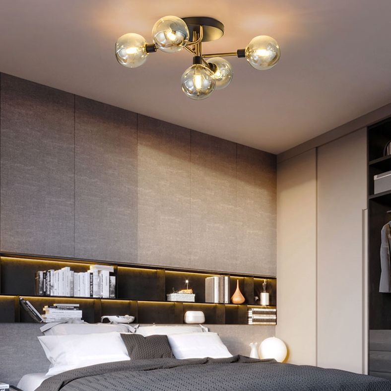 Modern Ball Shade Close to Ceiling Lamp Glass Dining Room Semi Flush Chandelier in Black-Gold