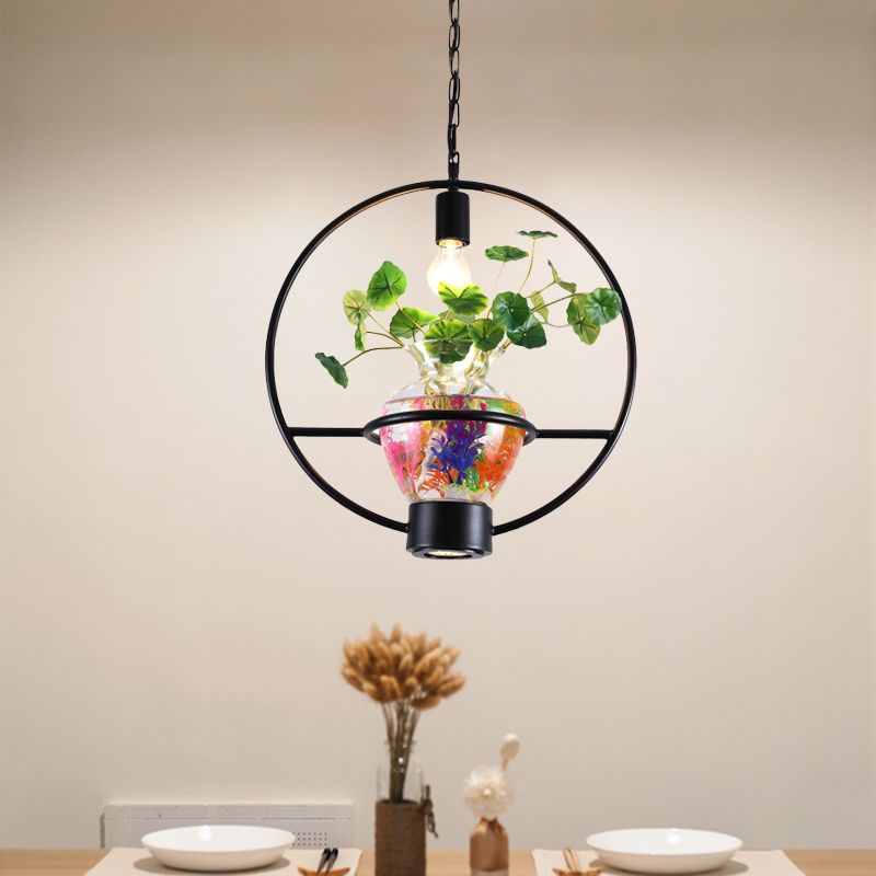 Black Round/Square Frame Hanging Lamp Factory Metallic 1 Head Dining Room Pendant Lighting Fixture with Urn Plant Pot