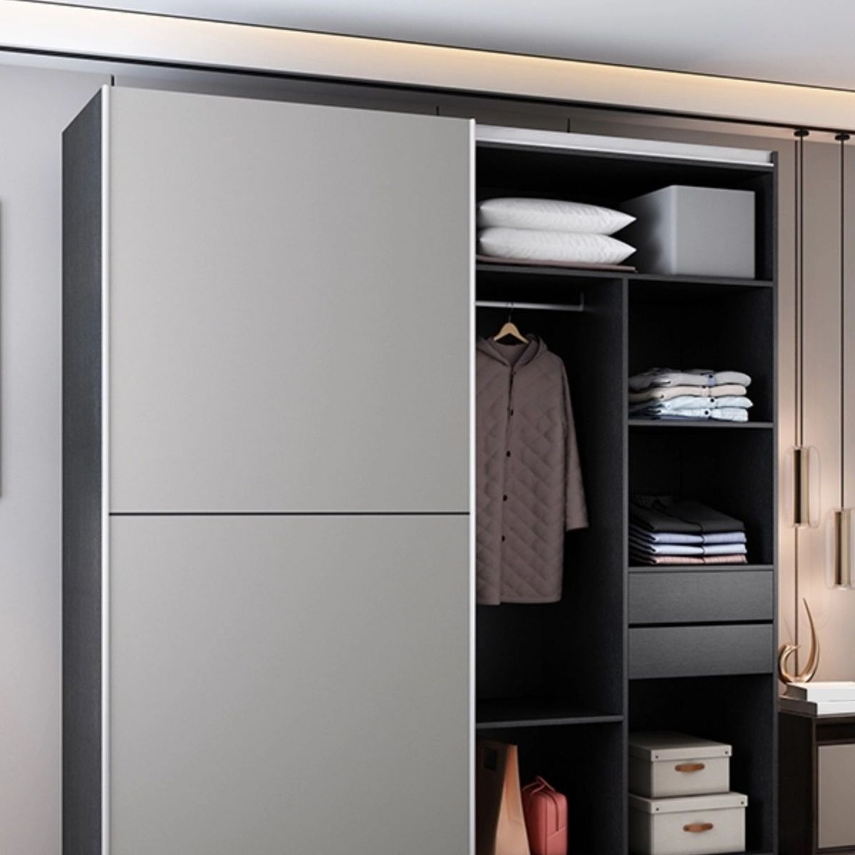 Grey Contemporary Wardrobe Cabinet Wooden Wardrobe Armoire with Drawer