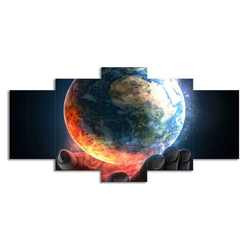 Earth in Hand Wall Art Multi-Piece Science Fiction Sitting Room Canvas Print in Orange