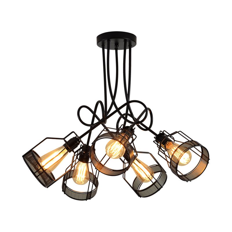 Black 5 Heads Semi Flush Mount Chandelier Industrial Iron Cluster-Bottle Frame Ceiling Light