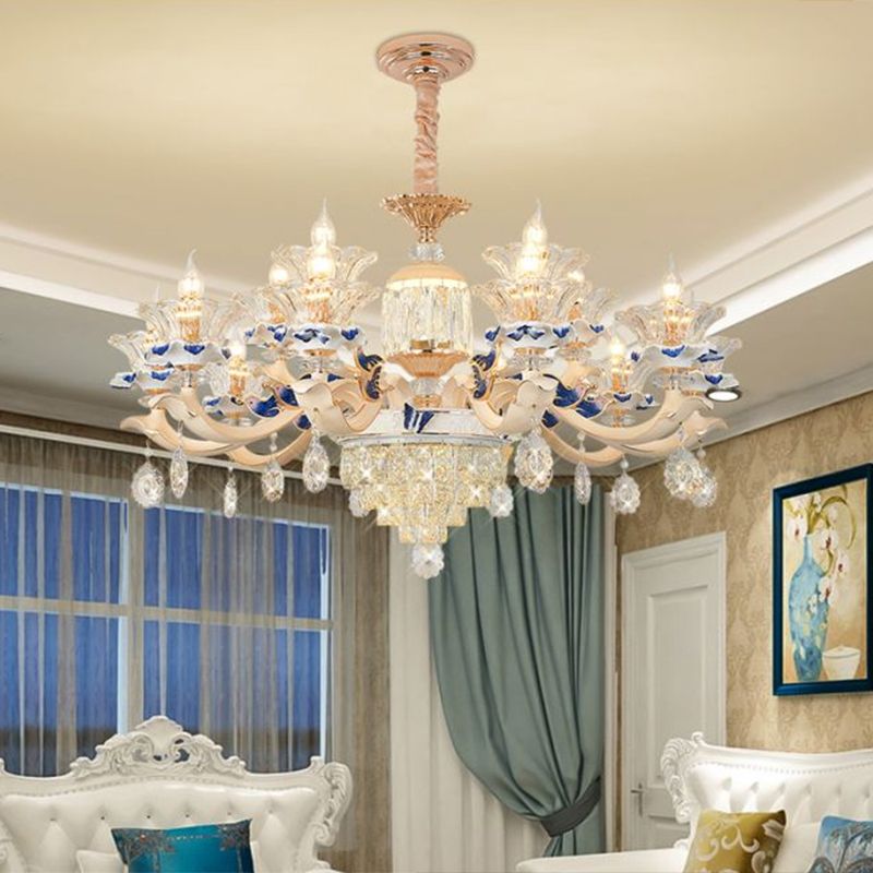 Flower Ribbed Glass Suspension Light Retro Style Living Room Chandelier Light with Crystal Draping in White