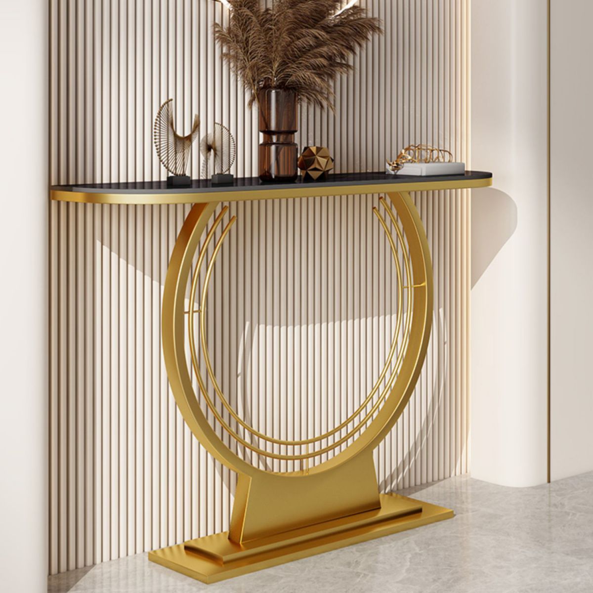 11.8" Wide Stone Console Table Scratch Table with Gold Ironcraft Frame