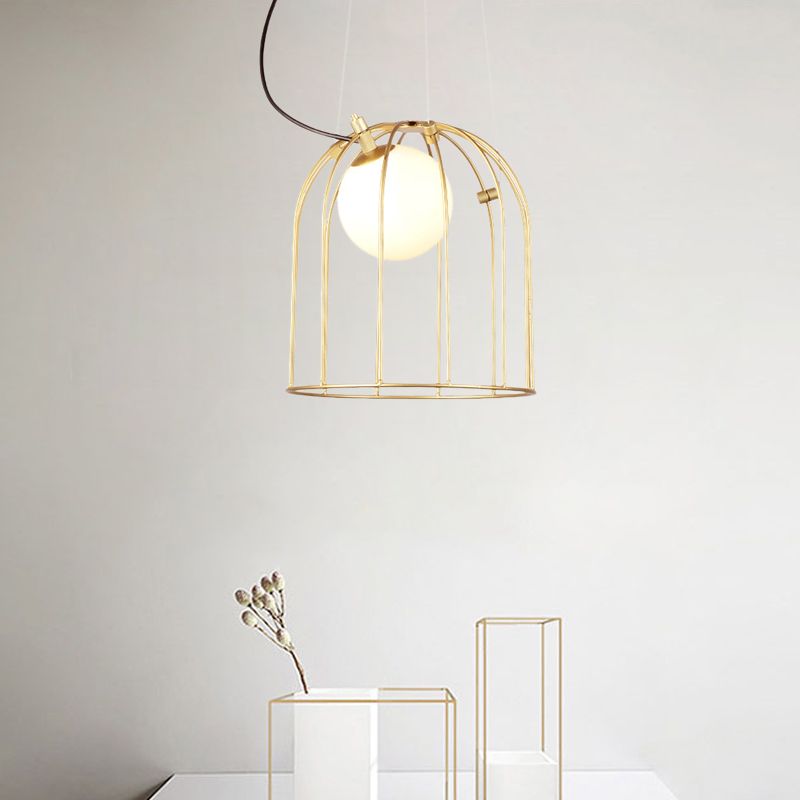 Gold Dom Draht Käfig Anhänger Beleuchtung Metall Einfacher Stil 1 Licht Esszimmer Hängende Deckenleuchte