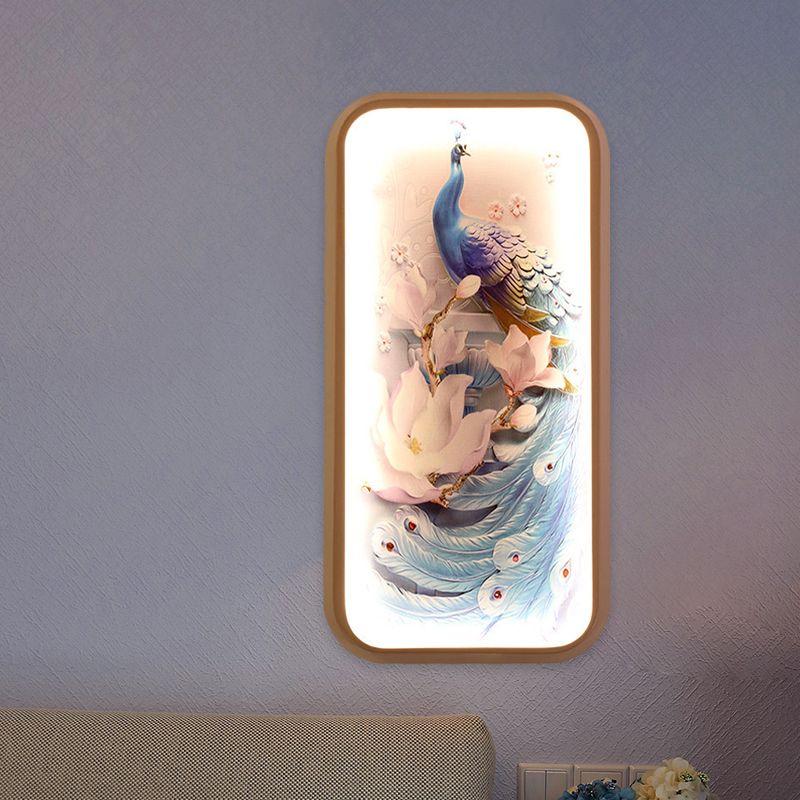 Rectangle Peacock Patterned Wall Lighting Idea Oriental Fabric LED Blue Mural Light for Bedroom