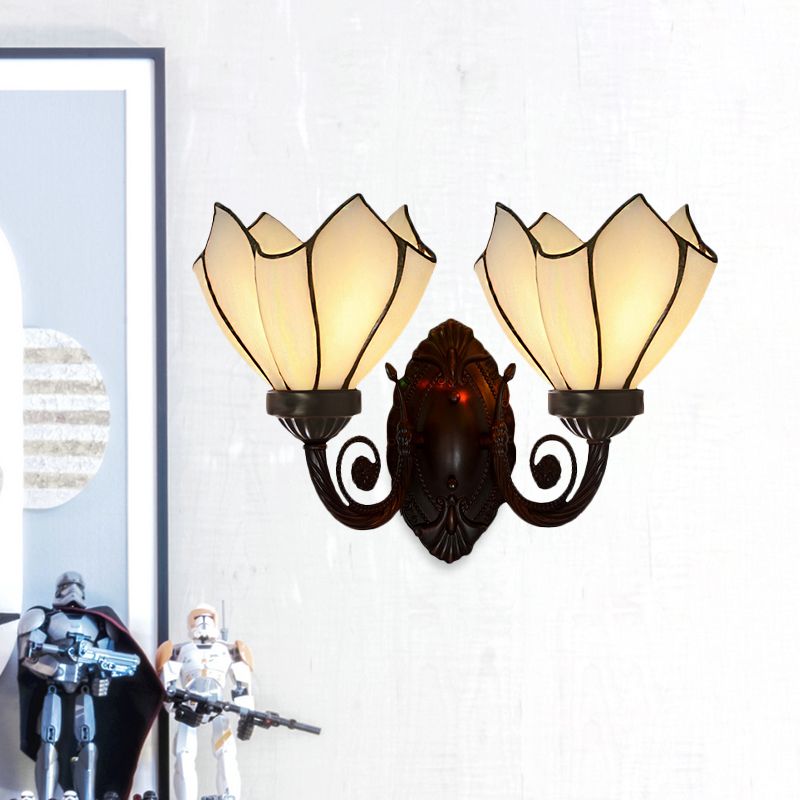 Petal Wall Sconce 2 Lights White/Pink Glass Mediterranean Wall Lighting Fixture with Swirl Arm for Living Room