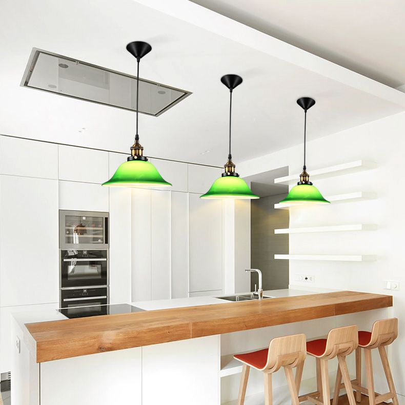 Green 1 Light Bell Pendant Lamp Vintage Industrial Glass Hanging Lamp for Living Room
