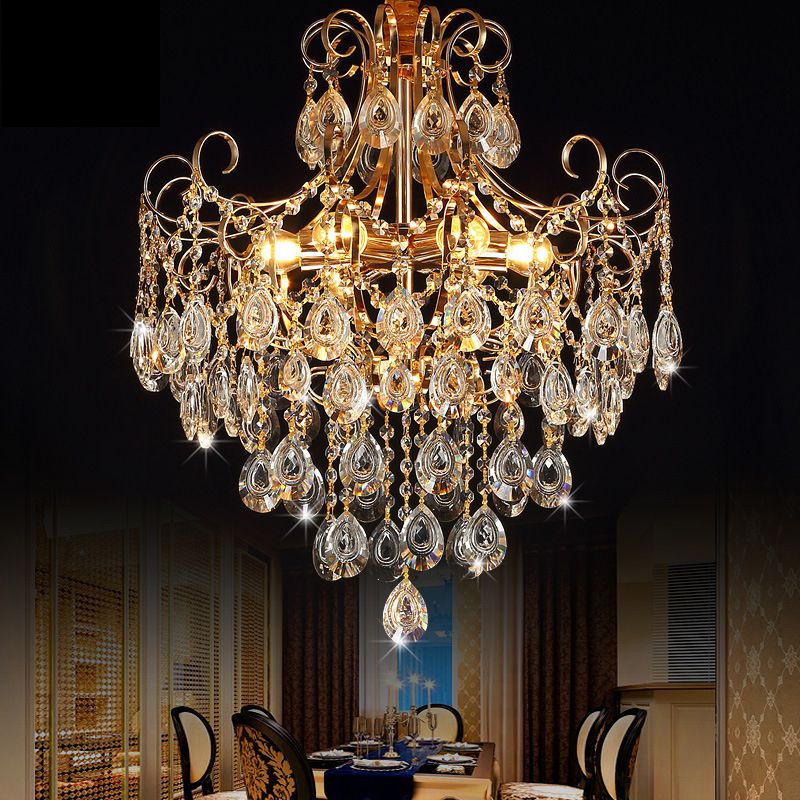 Flared Ceiling Light Fixture Postmodern Metal 5 Lights Gold Chandelier Light with Teardrop Crystal Accent