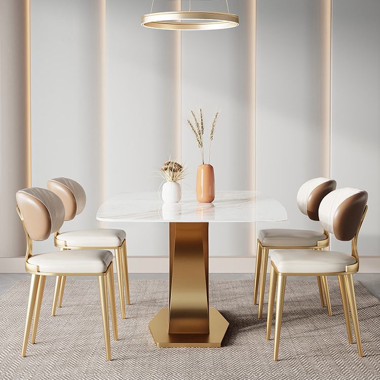 Luxury Rectangular White Stone Top Dining Table with Gold & White Metal X-Base
