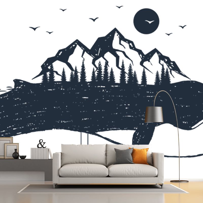 Mountain on the Whale Mural Black and White Modern Art Wall Covering for Bedroom