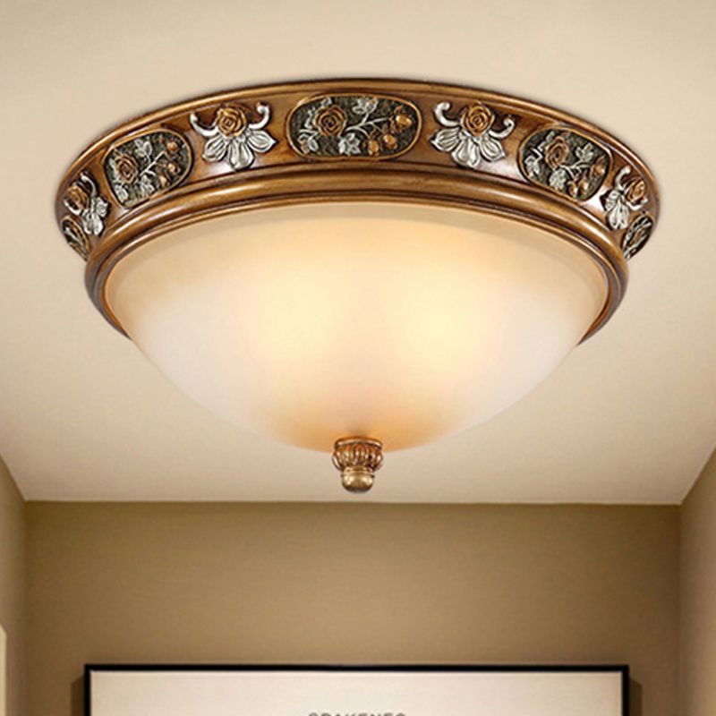Luminaire encastré traditionnel en forme de bol en verre givré à montage au plafond à 3 lumières marron pour chambre à coucher, 15"/19" de large