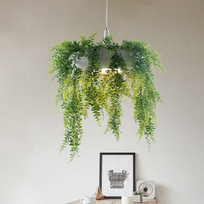 Donut Metal Pendant Lighting Loft Style 1-Bulb Balcony Hanging Ceiling Light in Black/White with Artificial Vine Deco