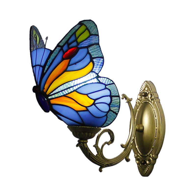 Curved Arm Stained Glass Wall Sconce Light Tiffany 1 Head Wall Mount Lamp with Geometry Shade