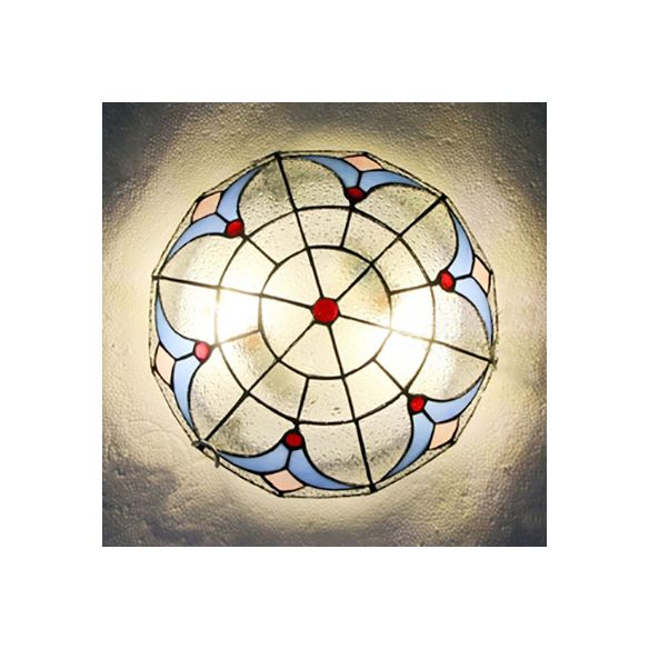 Vintage Bowl Flush Light with Magnolia Pattern Stained Glass Flush Ceiling Light in White/Clear for Bedroom