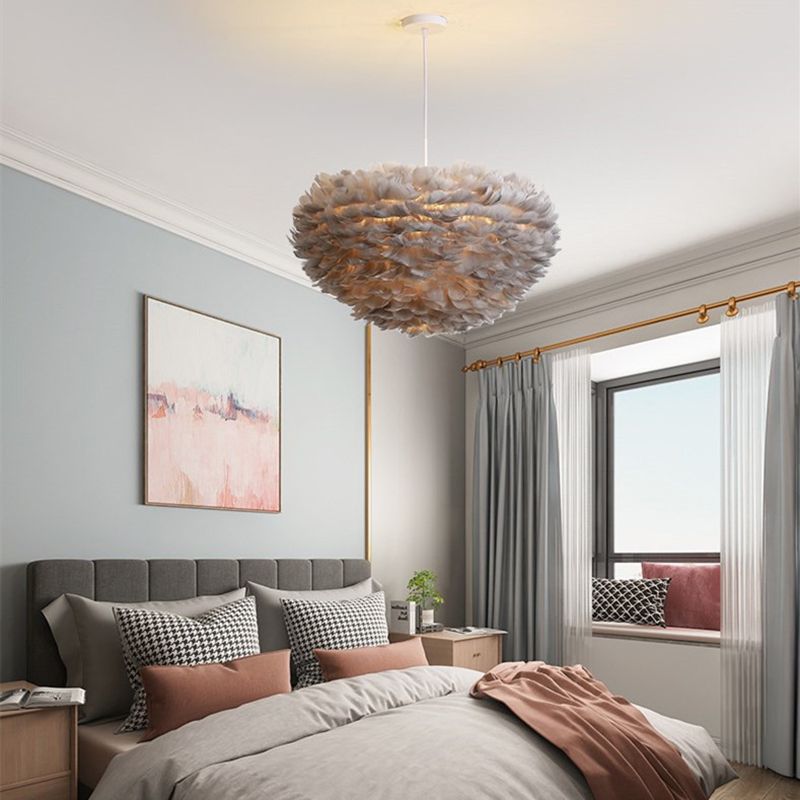 Modern Style Unique Chandelier Feather 3 Light Hanging Lamp for Bedroom