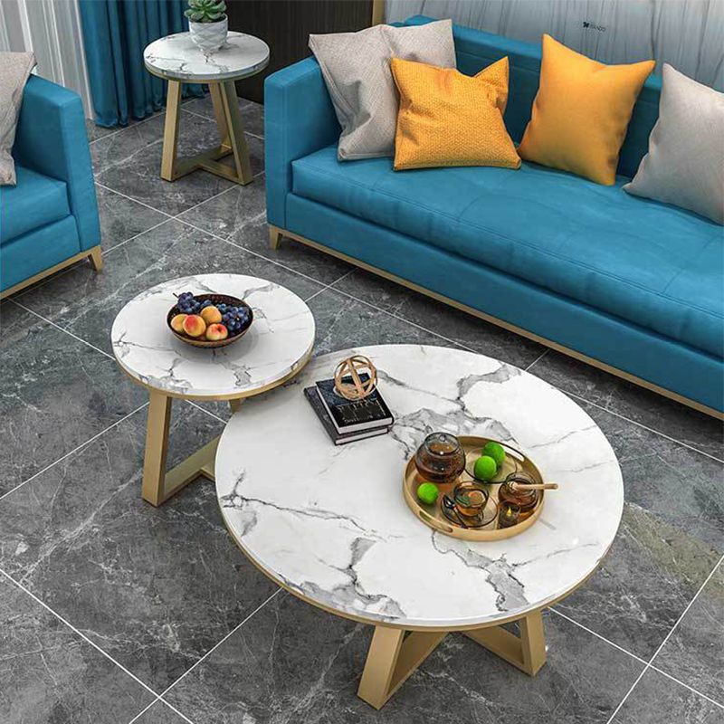Modern Round Marble Coffee Table Metal Cross Legs Coffee Table