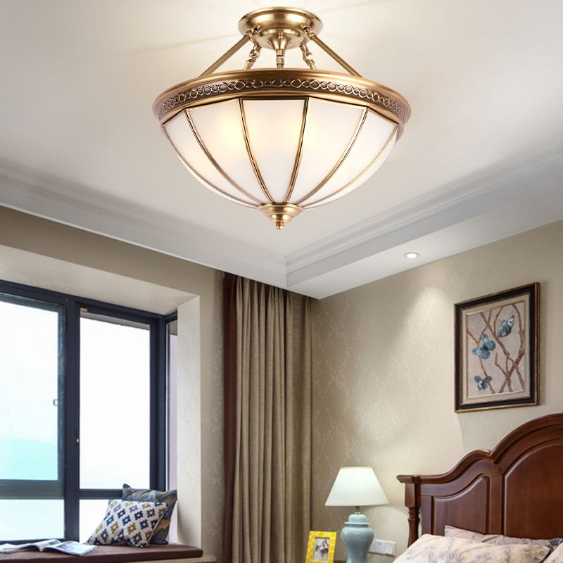 3 Lights Opal Glass Semi Flush Lighting Colonialism Brass Dome Shade Corridor Ceiling Mounted Fixture