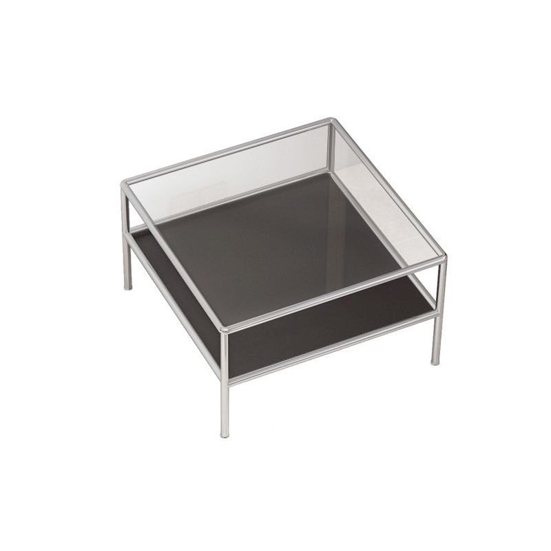 Contemporary Square Coffee Table with Shelf and Glass Top and Steel 4 Legs