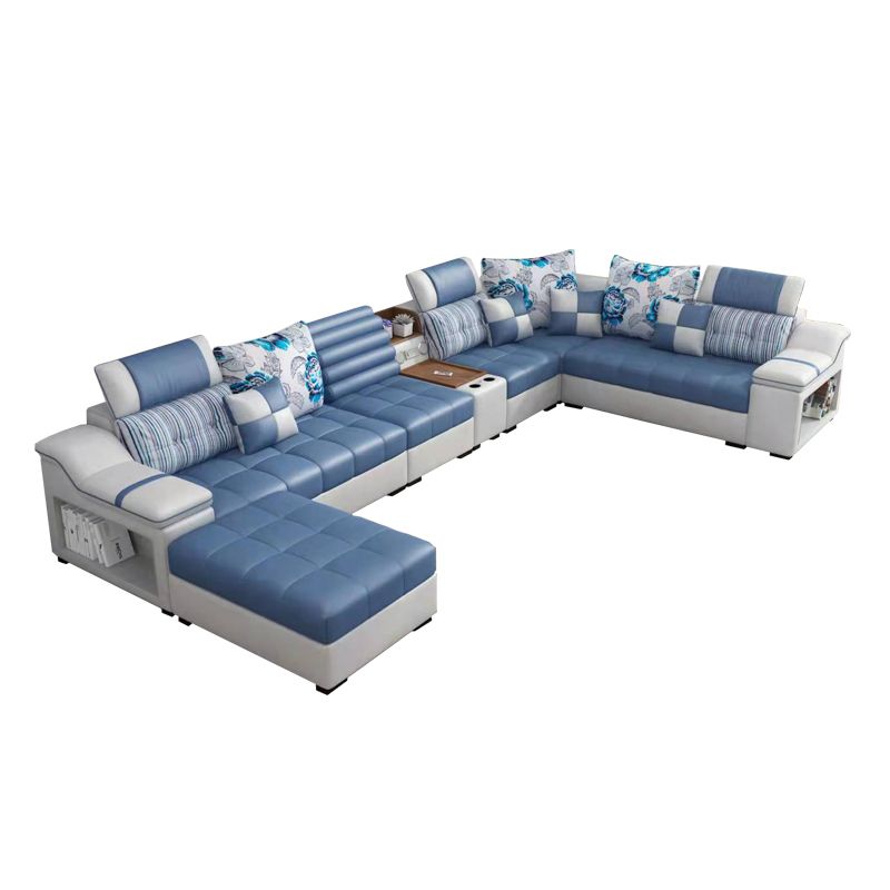 Faux Leather Sofa and Chaise Pillow Top Arm Sofa with Storage in Blue