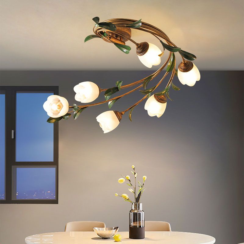 American Style Ceiling Light Flower Shape Ceiling Lamp with Glass Shade for Living Room