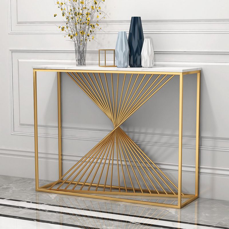 Rectangle Marble Top Accent Table with Iron Frame Base for Hall