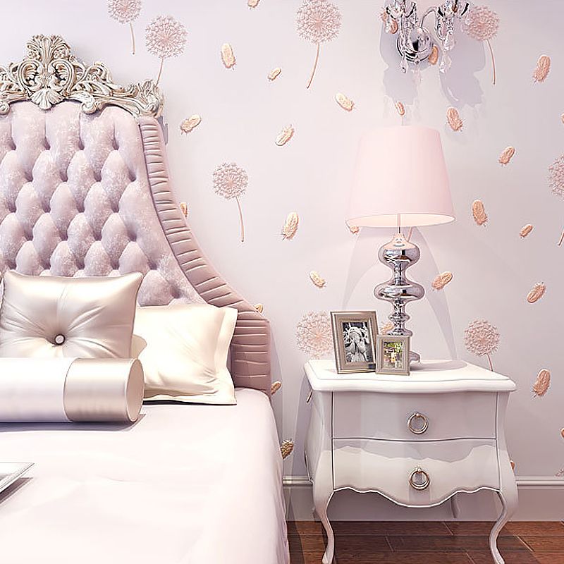 Pink Dandelion and Feather Wallpaper for Girl, 33-foot x 20.5-inch Moisture-Resistant Non-Pasted