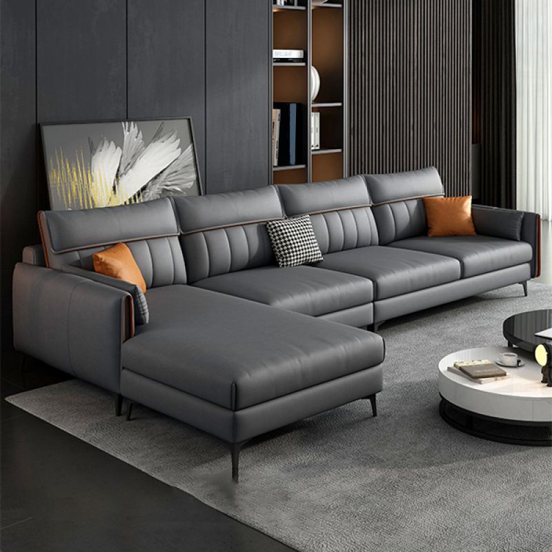 Modern Faux Leather Sectional with 4 Pillows Back for 4 People
