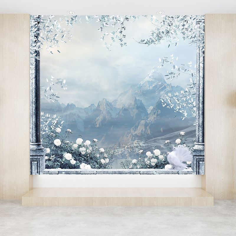 Huge Winter Mountain Mural for Bedroom Botanical Wall Art in White, Stain Resistant