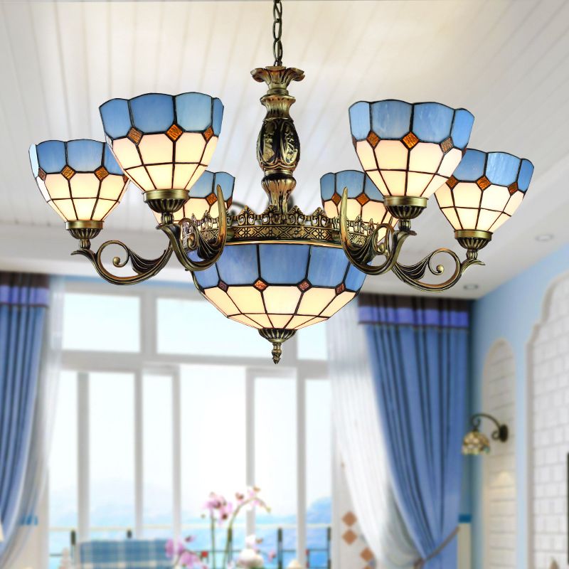 Lámpara colgante azul de 9 luces, lámpara de techo con cúpula de vidrieras náuticas para sala de estar