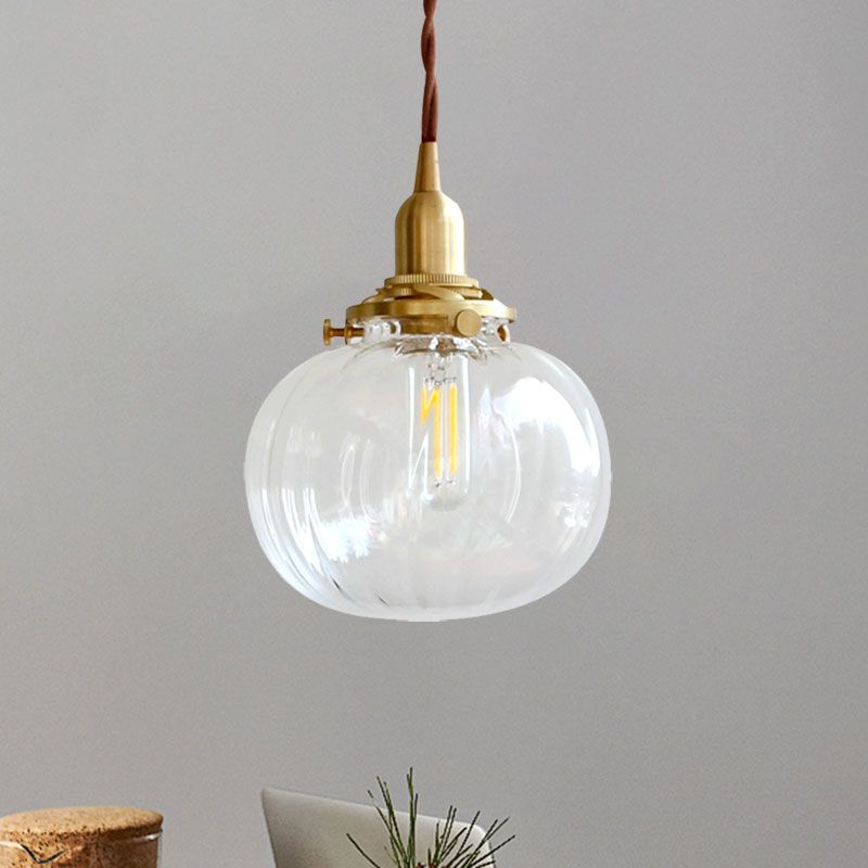 Luz de la suspensión de latón moderna Forma de melón 1 Lámpara colgante de vidrio transparente de la cabeza en la cabeza para el corredor