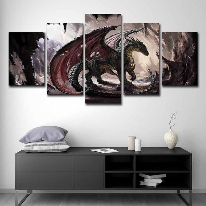 Fantasy Dragon Wall Art for Teenage Room Video Game Scene Canvas Print in Brown-Red