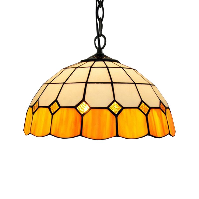 Tiffany-Style Bowl Pendant Light Fixture Single Head Stained Art Glass Down Lighting in Yellow for Living Room