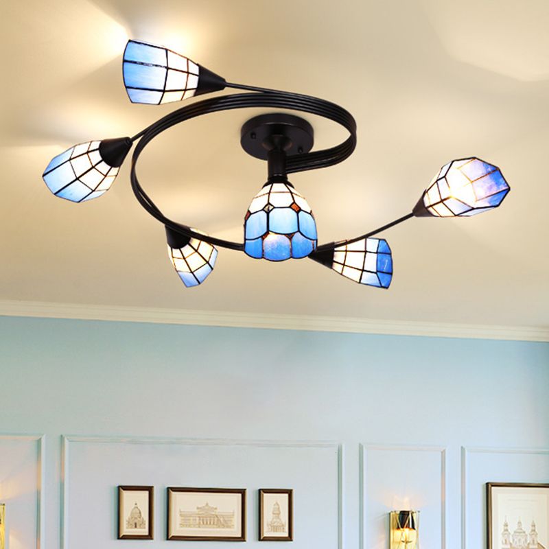 Tiffany Flower Semi Flush Light Stained Glass Ceiling Mounted Light for Living Room