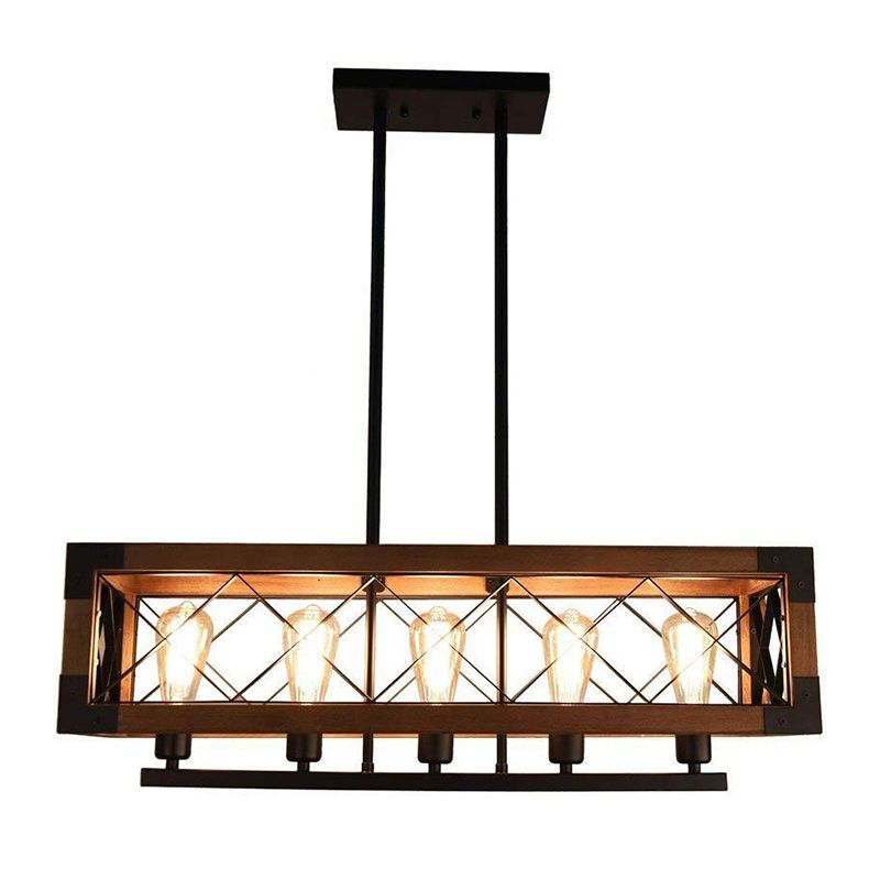 Rectangle Metal Island Lamp Vintage 5-Bulb Dining Room Pendant Lighting Fixture in Black with Wood Frame