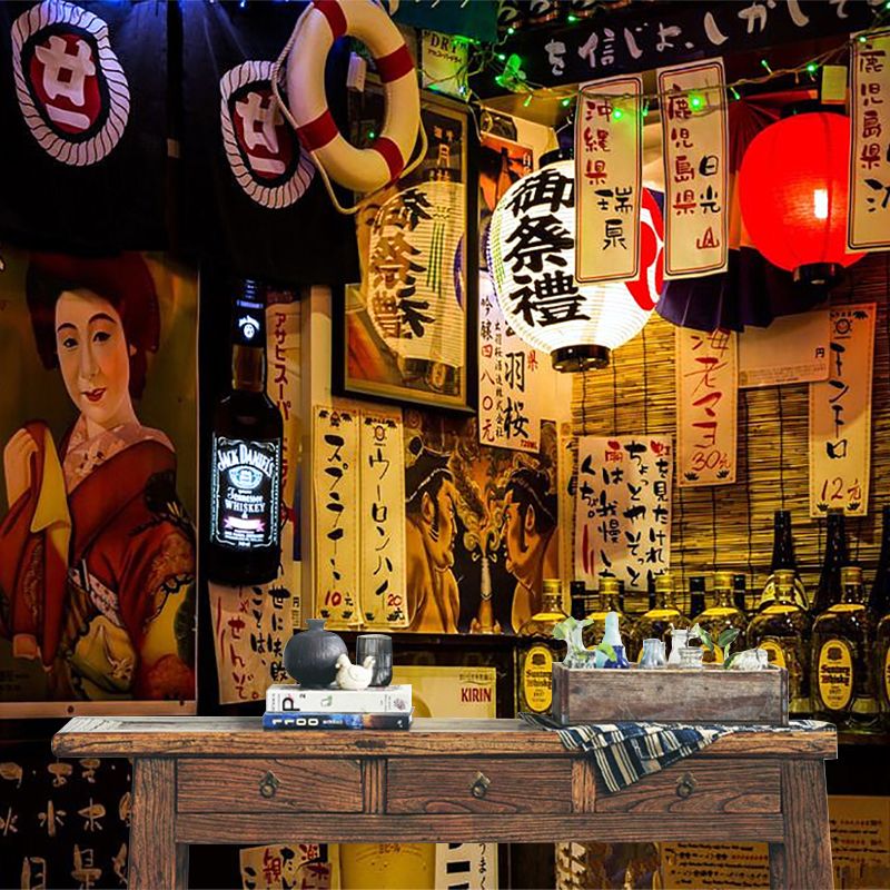 Japanese Poster Mural Wallpaper in Red and Brown, Oriental Wall Covering for Restaurant