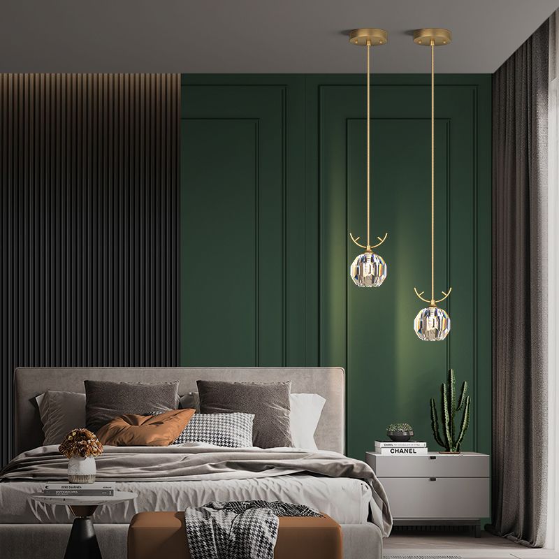 Sferisch kristallen blokhangende licht eenvoud 1-bulb koperen hanglampverlichting voor slaapkamer