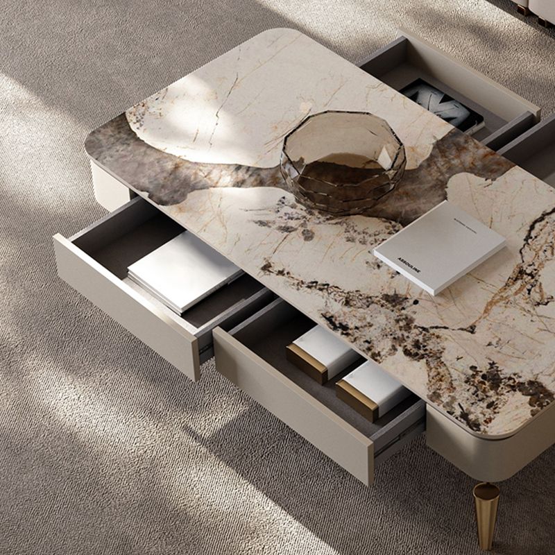 4 Legs Cocktail Table Modern Rectangle Single Coffee Table with 4 Drawers