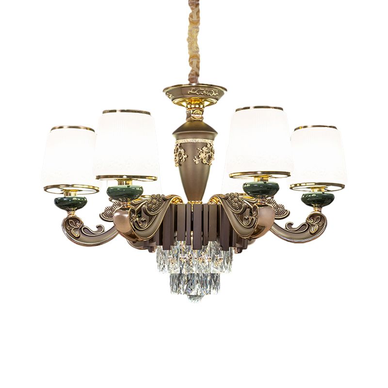 Tapered Opal Glass Chandelier Traditional 6 Heads Dining Room Pendant Light in Brown with K9 Crystal Insert